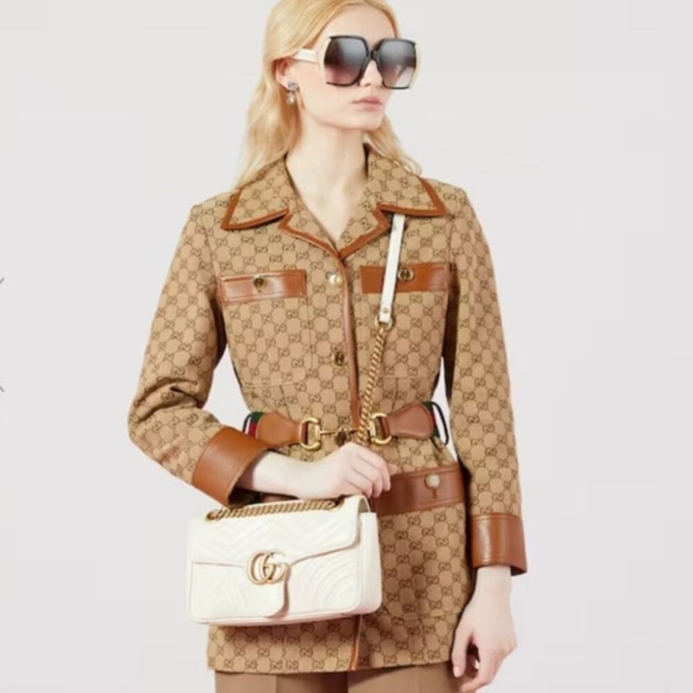 Gucci GG Marmont Small Chain Shoulder Bag Leather Chevron Logo Luxe Neutral Soft